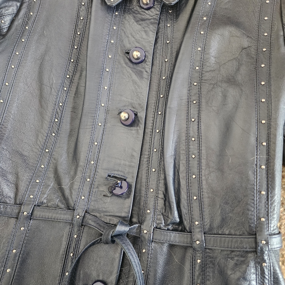 Chic Navy Blue, Gamolin Of Barcelona Vintage Leather Studded Women's Trench Coat - Picture 12 of 16